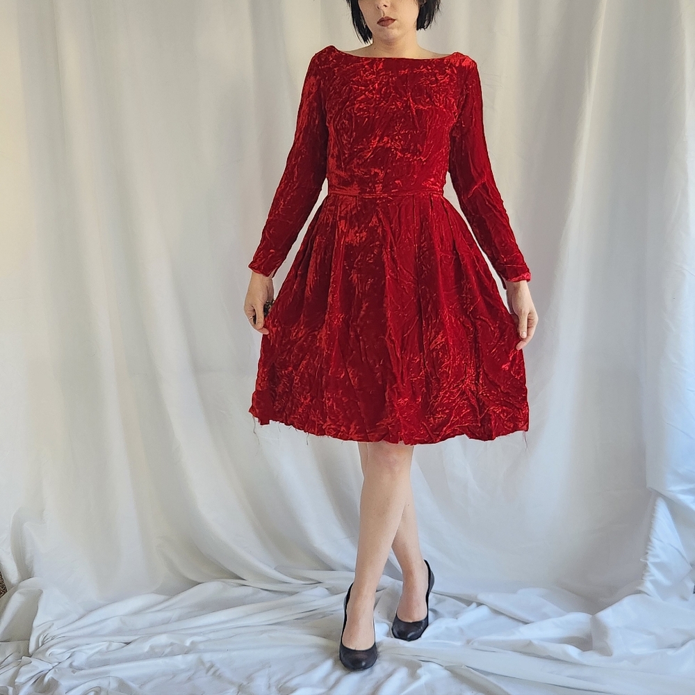 60s(?) Handmade Red Crushed Velvet Dress